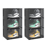 NNEAGS 2X 3 Tier Black Portable Shoe Organiser Sneaker Footwear Folding Plastic Bin Stackable Storage Box with Magnetic Door