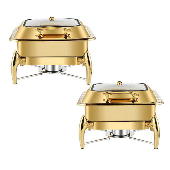 NNEAGS 2X Gold Plated Stainless Steel Square Chafing Dish Tray Buffet Cater Food Warmer Chafer with Top Lid