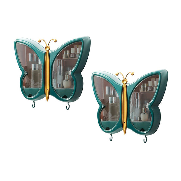 NNEAGS 2X Green Butterfly Shape Wall-Mounted Makeup Organiser Dustproof Waterproof Bathroom Storage Box Home Decor