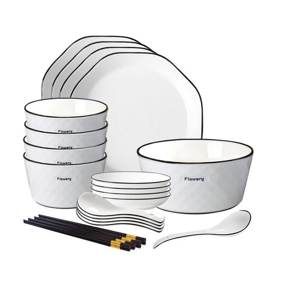 NNEAGS Diamond Pattern Ceramic Dinnerware Crockery Soup Bowl Plate Server Kitchen Home Decor Set of 13