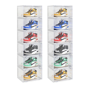 NNEAGS 2X 6 Tier Transparent Portable Shoe Organiser Sneaker Footwear Folding Plastic Bin Stackable Storage Box with Magnetic Door
