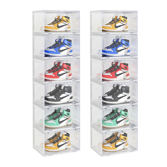 NNEAGS 2X 6 Tier Transparent Portable Shoe Organiser Sneaker Footwear Folding Plastic Bin Stackable Storage Box with Magnetic Door