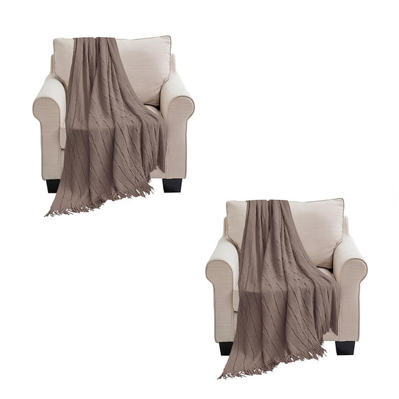NNEAGS 2X Coffee Textured Knitted Throw Blanket Warm Cozy Woven Cover Couch Bed Sofa Home Decor with Tassels
