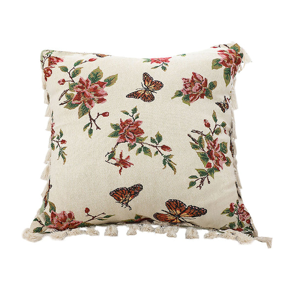 NNEAGS 45cm Creamy White French Vintage Butterfly Loves Flowers Tassel Throw Pillow