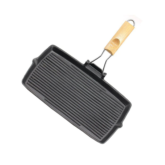 NNEAGS 20.5cm Rectangular Cast Iron Griddle Grill Frying Pan with Folding Wooden Handle