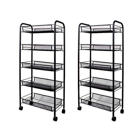 NNEAGS 2X 5 Tier Steel Black Bee Mesh Kitchen Cart Multi-Functional Shelves Portable Storage Organizer with Wheels