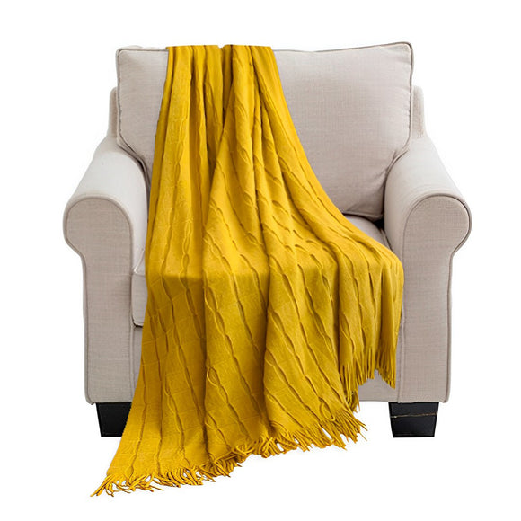 NNEAGS Mustard Textured Knitted Throw Blanket Warm Cozy Woven Cover Couch Bed Sofa Home Decor with Tassels
