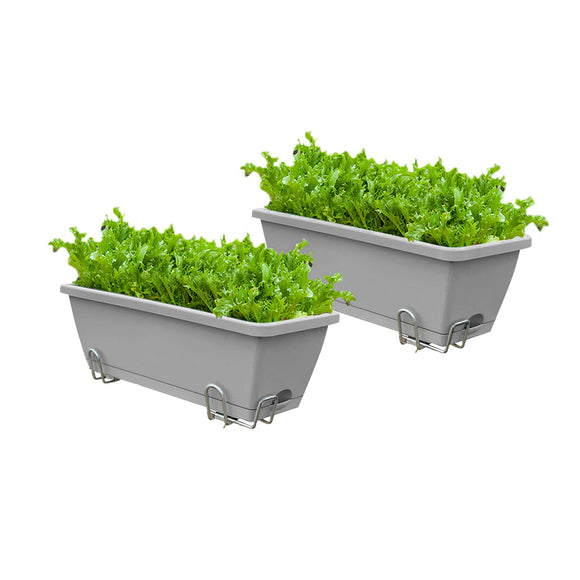 NNEAGS 49.5cm Gray Rectangular Planter Vegetable Herb Flower Outdoor Plastic Box with Holder Balcony Garden Decor Set of 2