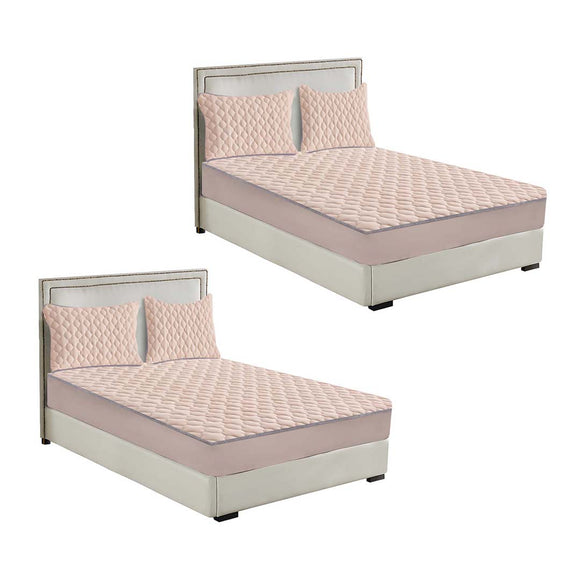NNEAGS 2X Beige 138cm Wide Mattress Cover Thick Quilted Fleece Stretchable Clover Design Bed Spread Sheet Protector with Pillow Covers
