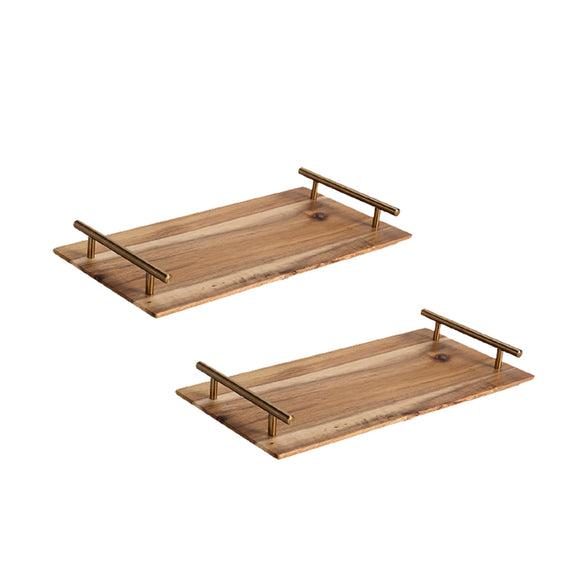 NNEAGS 2X 39cm Brown  Rectangle Wooden Acacia Food Serving Tray Charcuterie Board Home Decor