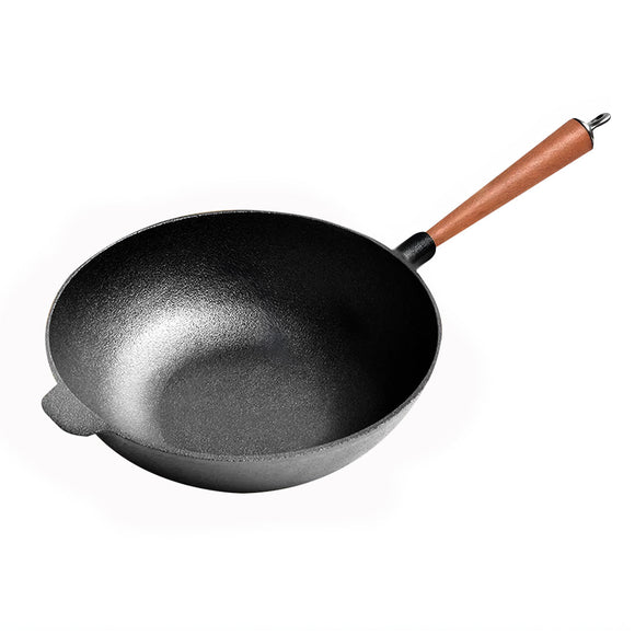 NNEAGS 31cm Commercial Cast Iron Wok Round Bottom FryPan Home Cooking Skillet
