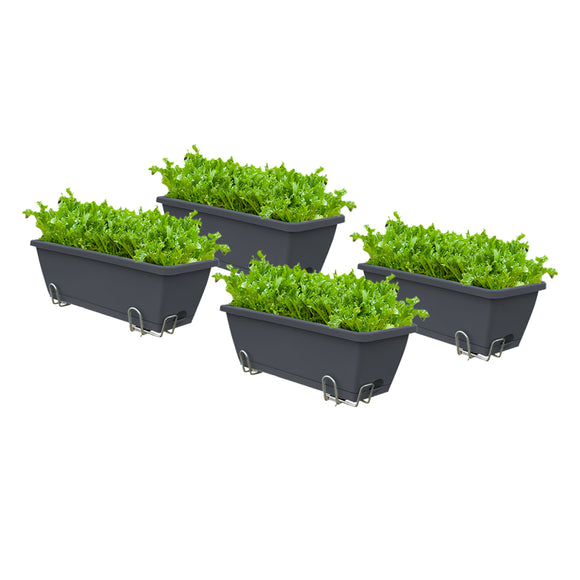 NNEAGS 49.5cm Black Rectangular Planter Vegetable Herb Flower Outdoor Plastic Box with Holder Balcony Garden Decor Set of 4