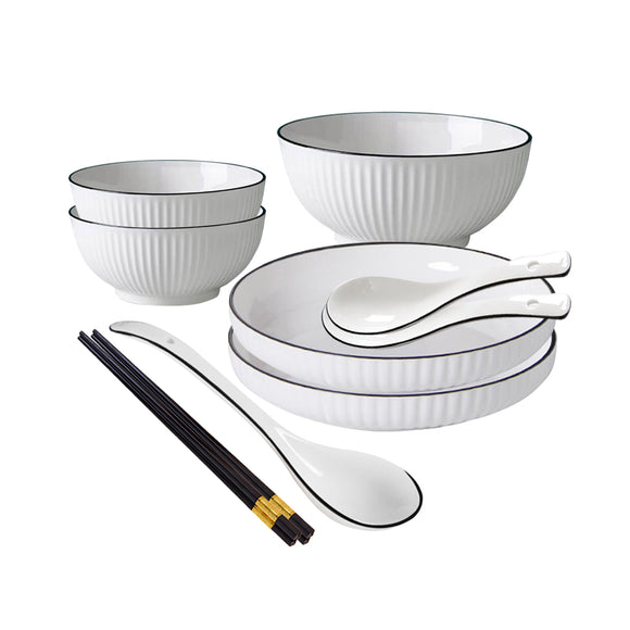 NNEAGS White Japanese Style Ceramic Dinnerware Crockery Soup Bowl Plate Server Kitchen Home Decor Set of 5