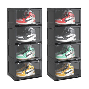 NNEAGS 2X 4 Tier Black Portable Shoe Organiser Sneaker Footwear Folding Plastic Bin Stackable Storage Box with Magnetic Door