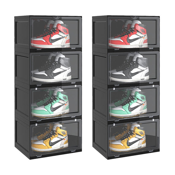NNEAGS 2X 4 Tier Black Portable Shoe Organiser Sneaker Footwear Folding Plastic Bin Stackable Storage Box with Magnetic Door