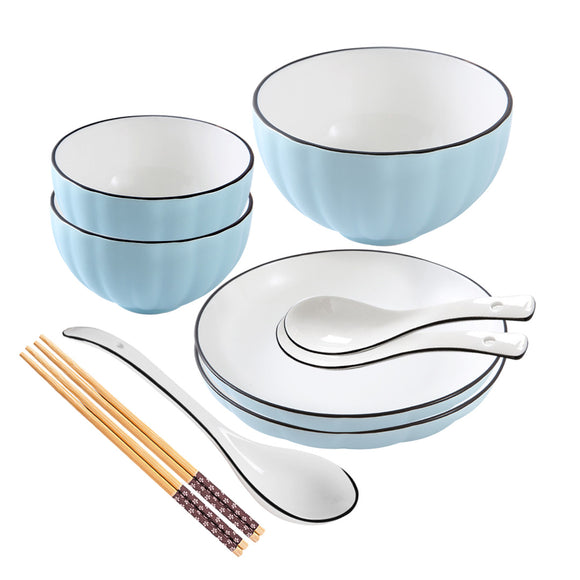 NNEAGS Blue Japanese Style Ceramic Dinnerware Crockery Soup Bowl Plate Server Kitchen Home Decor Set of 7
