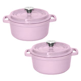 NNEAGS 2X 22cm Pink Cast Iron Ceramic Stewpot Casserole Stew Cooking Pot With Lid