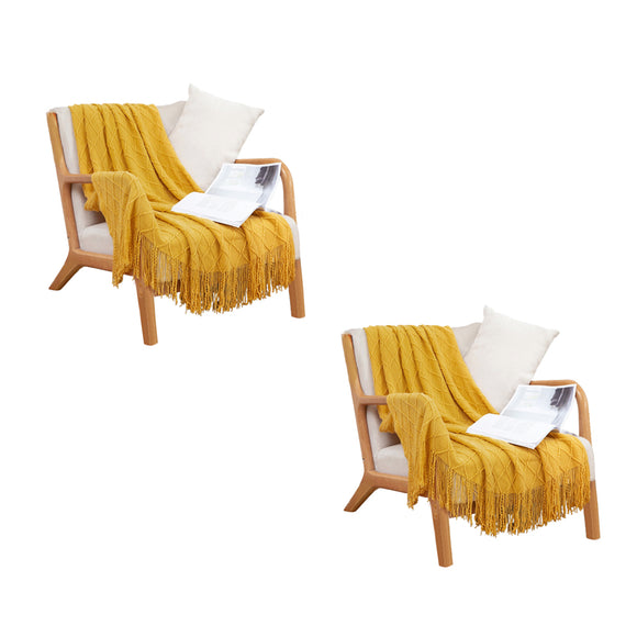 NNEAGS 2X Yellow Diamond Pattern Knitted Throw Blanket Warm Cozy Woven Cover Couch Bed Sofa Home Decor with Tassels