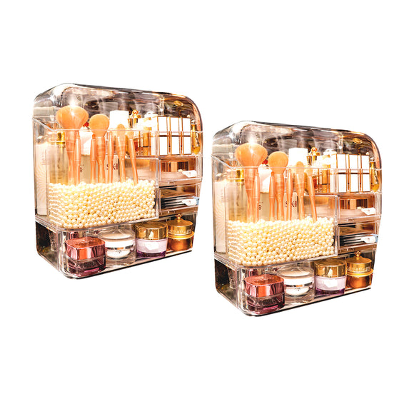 NNEAGS 2X Transparent Cosmetic Storage Box Clear Makeup Skincare Holder with Lid Drawers Waterproof  Dustproof Organiser with Pearls
