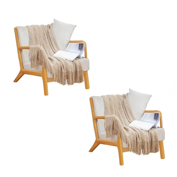 NNEAGS 2X Beige Diamond Pattern Knitted Throw Blanket Warm Cozy Woven Cover Couch Bed Sofa Home Decor with Tassels