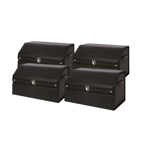NNEAGS 4X 56cm Leather Car Boot Collapsible Foldable Trunk Cargo Organizer Portable Storage Box with Lock Black