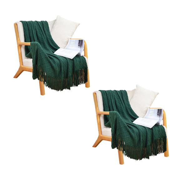 NNEAGS 2X Green Diamond Pattern Knitted Throw Blanket Warm Cozy Woven Cover Couch Bed Sofa Home Decor with Tassels