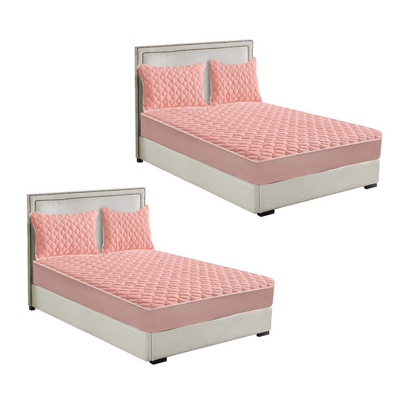 NNEAGS 2X Pink 153cm Wide Mattress Cover Thick Quilted Fleece Stretchable Clover Design Bed Spread Sheet Protector with Pillow Covers