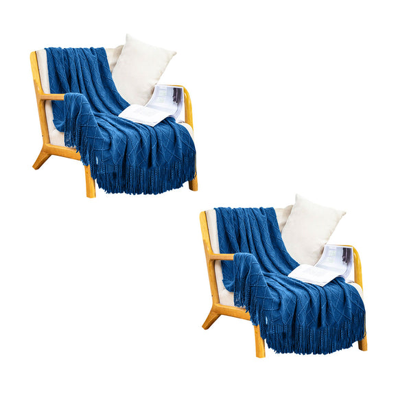 NNEAGS 2X Royal Blue Diamond Pattern Knitted Throw Blanket Warm Cozy Woven Cover Couch Bed Sofa Home Decor with Tassels