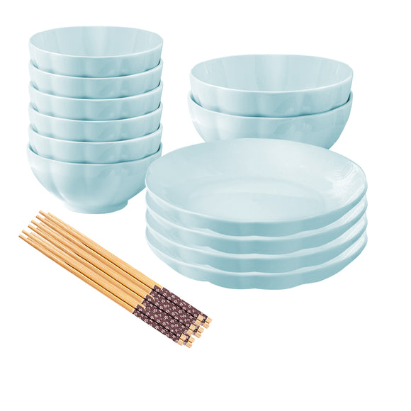NNEAGS Light Blue Japanese Style Ceramic Dinnerware Crockery Soup Bowl Plate Server Kitchen Home Decor Set of 12