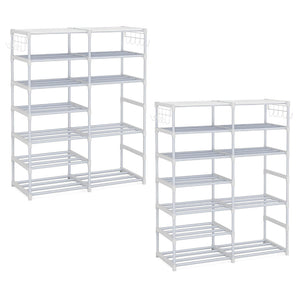 NNEAGS 2X 12-Shelf Tier Shoe Storage Shelf Space-Saving Caddy Rack Organiser with Side Hooks White