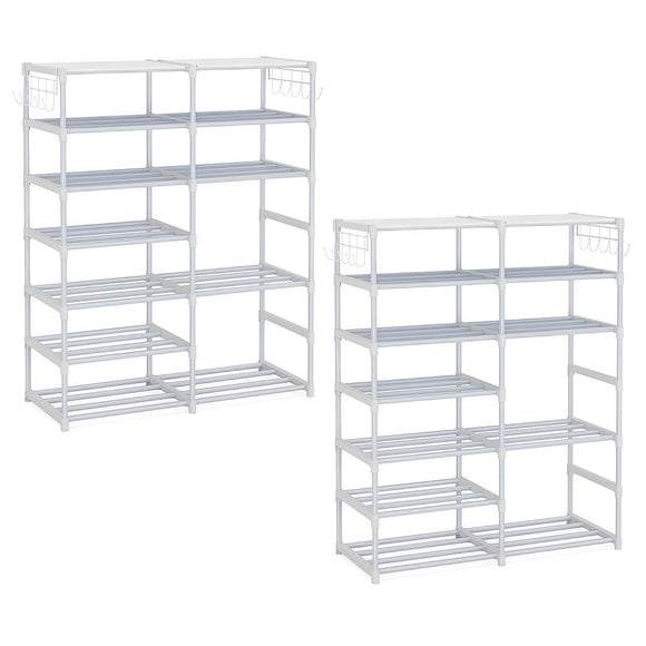 NNEAGS 2X 12-Shelf Tier Shoe Storage Shelf Space-Saving Caddy Rack Organiser with Side Hooks White