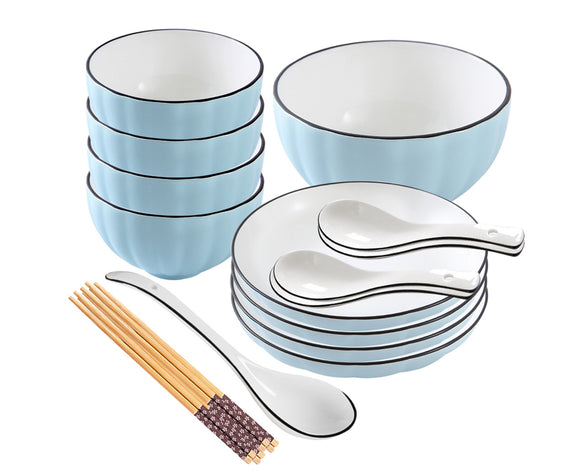 NNEAGS Blue Japanese Style Ceramic Dinnerware Crockery Soup Bowl Plate Server Kitchen Home Decor Set of 9