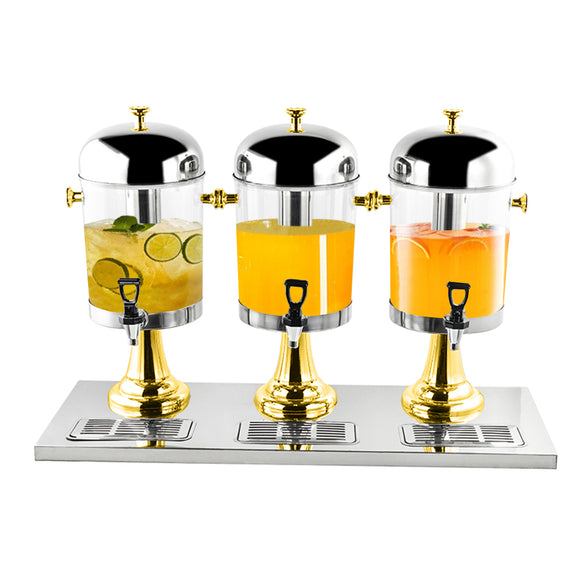 NNEAGS Triple Head 24L Stainless Steel Dispenser Beverage Juicer Transparent Commercial Drink Container Jug with Gold Accents