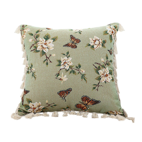 NNEAGS 45cm Matcha Green French Vintage Butterfly Loves Flowers Tassel Throw pillow
