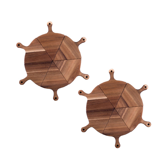 NNEAGS 2X  6 pcs Brown Round Divisible Wood Pizza Server Food Plate Board Pizza Paddle Cutting Board Home Decor