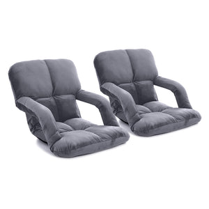 NNEAGS 2X Foldable Lounge Cushion Adjustable Floor Lazy Recliner Chair with Armrest Grey