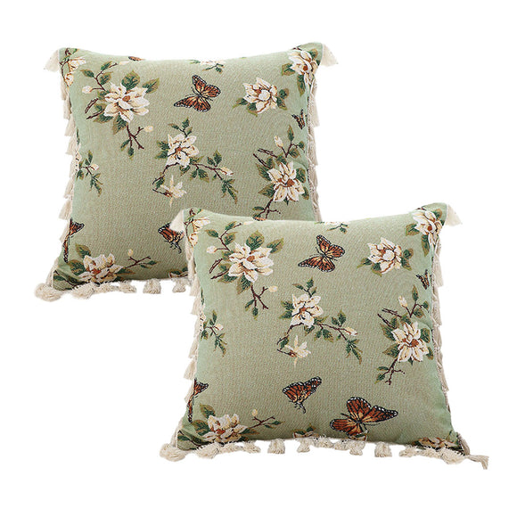 NNEAGS 2X 45cm Matcha Green French Vintage Butterfly Loves Flowers Tassel Throw pillow