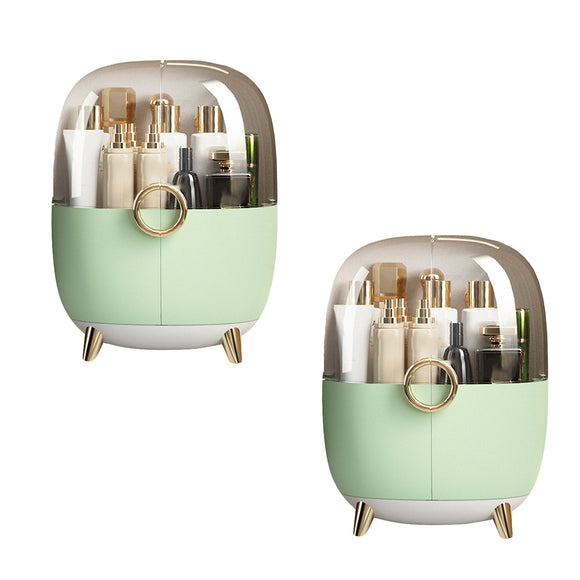NNEAGS 2X Green Transparent Countertop Makeup Organiser Cosmetic Storage Waterproof Dustproof Bathroom Skincare Holder with Lid