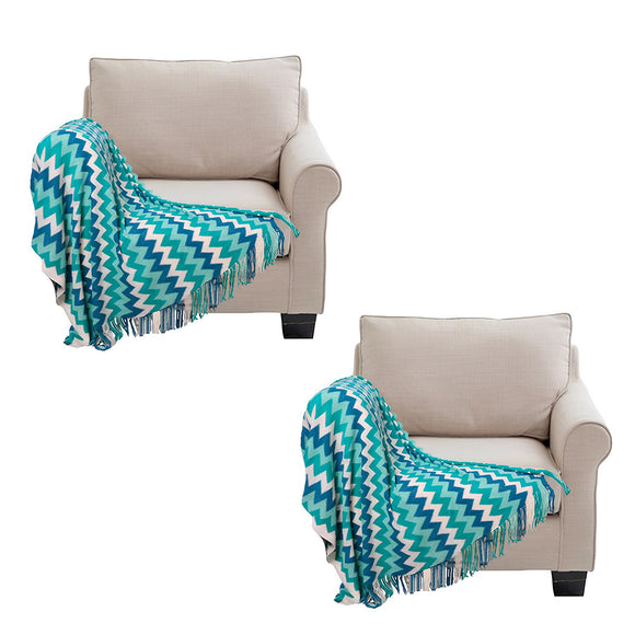 NNEAGS 2X 170cm Blue Zigzag Striped Throw Blanket Acrylic Wave Knitted Fringed Woven Cover Couch Bed Sofa Home Decor