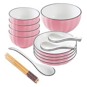 NNEAGS Pink Japanese Style Ceramic Dinnerware Crockery Soup Bowl Plate Server Kitchen Home Decor Set of 9
