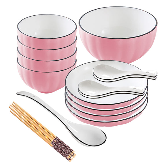 NNEAGS Pink Japanese Style Ceramic Dinnerware Crockery Soup Bowl Plate Server Kitchen Home Decor Set of 9