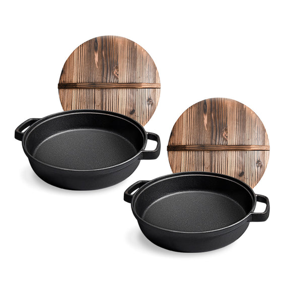 NNEAGS 2X 35cm Round Cast Iron Pre-seasoned Deep Baking Pizza Frying Pan Skillet with Wooden Lid