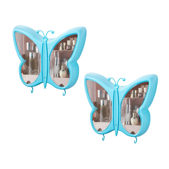 NNEAGS 2X Blue Butterfly Shape Wall-Mounted Makeup Organiser Dustproof Waterproof Bathroom Storage Box Home Decor