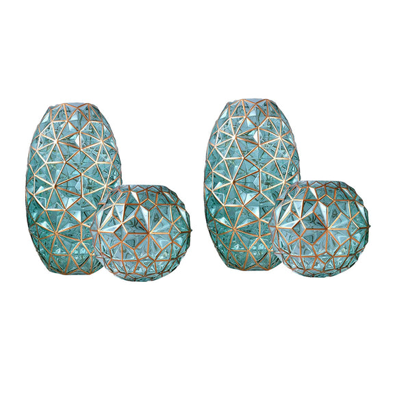 NNEAGS 2X Green Colored Diamond Cut Glass Flower Vase Round Jar Home Decor with Gold Accent Large and Medium Set