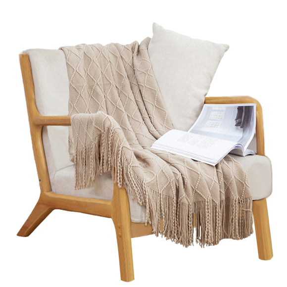 NNEAGS Beige Diamond Pattern Knitted Throw Blanket Warm Cozy Woven Cover Couch Bed Sofa Home Decor with Tassels
