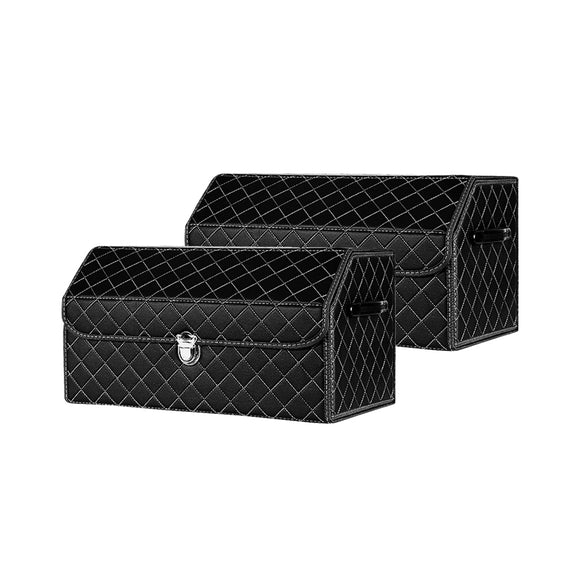NNEAGS 2X Leather Car Boot Collapsible Foldable Trunk Cargo Organizer Portable Storage Box Black/White Stitch with Lock Medium