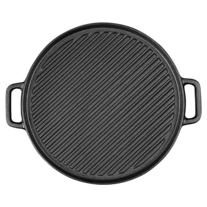 NNEAGS 30cm Round Cast Iron Ribbed BBQ Pan Skillet Steak Sizzle Platter with Handle