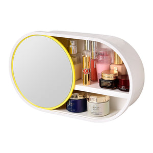 NNEAGS 39cm Oval Wall-Mounted Mirror Storage Box Vanity Mirror Rack Bathroom Adhesive Shelf Home Organiser Decor