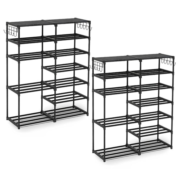 NNEAGS 2X 12-Shelf Tier Shoe Storage Shelf Space-Saving Caddy Rack Organiser with Side Hooks Black