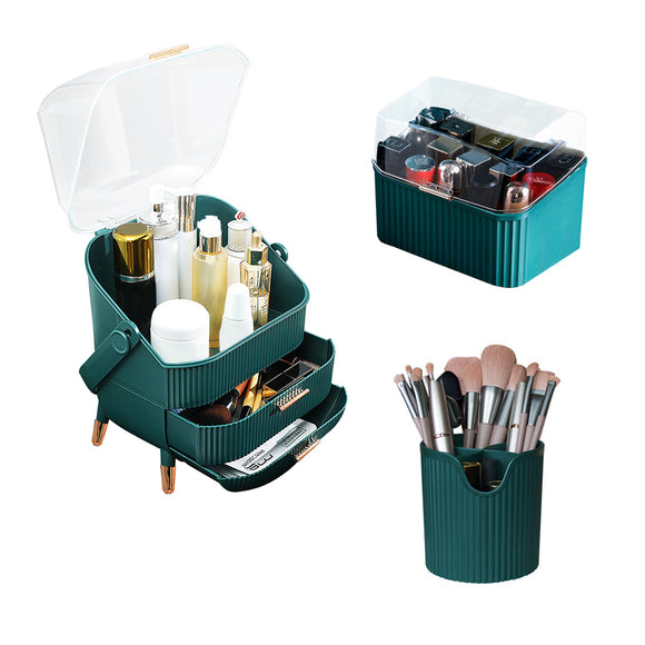 NNEAGS Green Cosmetic Jewelry Storage Organiser Set Makeup Brush Lipstick Skincare Holder Jewelry Storage Box with Handle